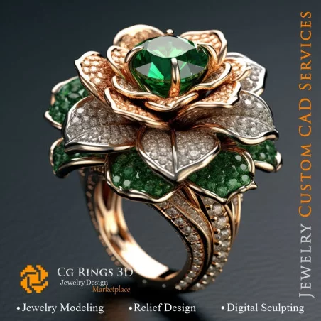 Flower Ring with Emeralds and Diamonds - 3D CAD Jewelry Home, AI - Jewelry 3D CAD , AI - Rings 3D CAD 