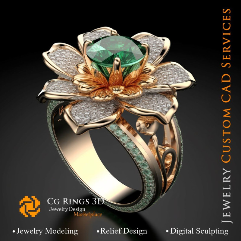 Flower Ring with Emerald and Diamonds - 3D CAD Jewelry Home, AI - Jewelry 3D CAD , AI - Rings 3D CAD 