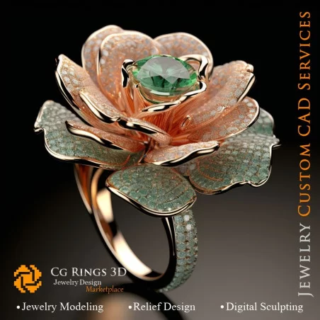 Flower Ring with Emeralds and Diamonds - 3D CAD Jewelry Home, AI - Jewelry 3D CAD , AI - Rings 3D CAD 