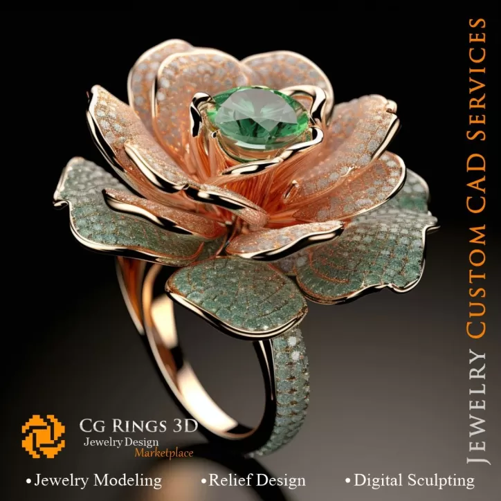 Anello a Fiore con Smeraldi e Diamanti - 3D CAD Gioielleria