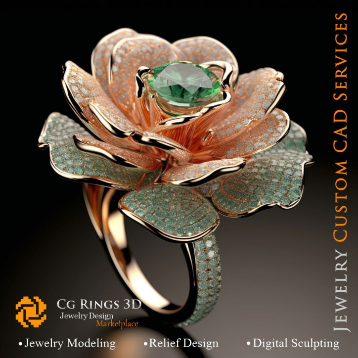 Flower Ring with Emeralds and Diamonds - 3D CAD Jewelry