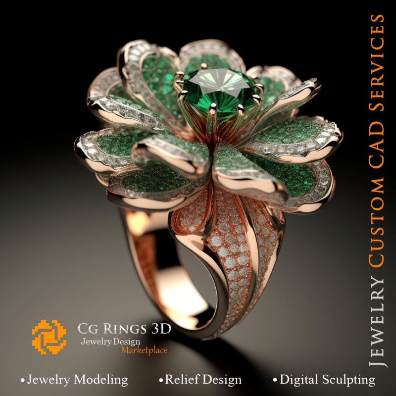 Flower Ring with Emeralds and Diamonds - 3D CAD Jewelry Home, AI - Jewelry 3D CAD , AI - Rings 3D CAD 