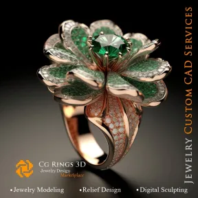 Flower Ring with Emeralds and Diamonds - 3D CAD Jewelry