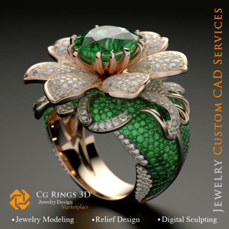 Flower Ring with Emeralds and Diamonds - 3D CAD Jewelry