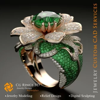 Flower Ring with Emeralds and Diamonds - 3D CAD Jewelry Home, AI - Jewelry 3D CAD , AI - Rings 3D CAD 