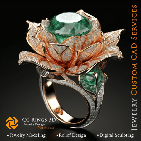 Flower Ring with Emeralds and Diamonds - 3D CAD Jewelry