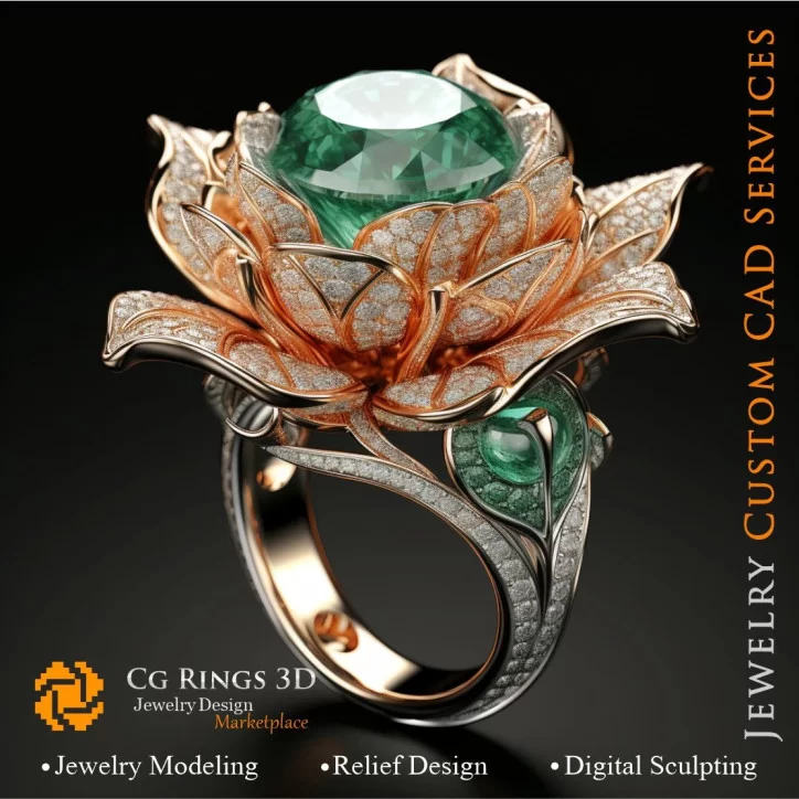 Flower Ring with Emeralds and Diamonds - 3D CAD Jewelry