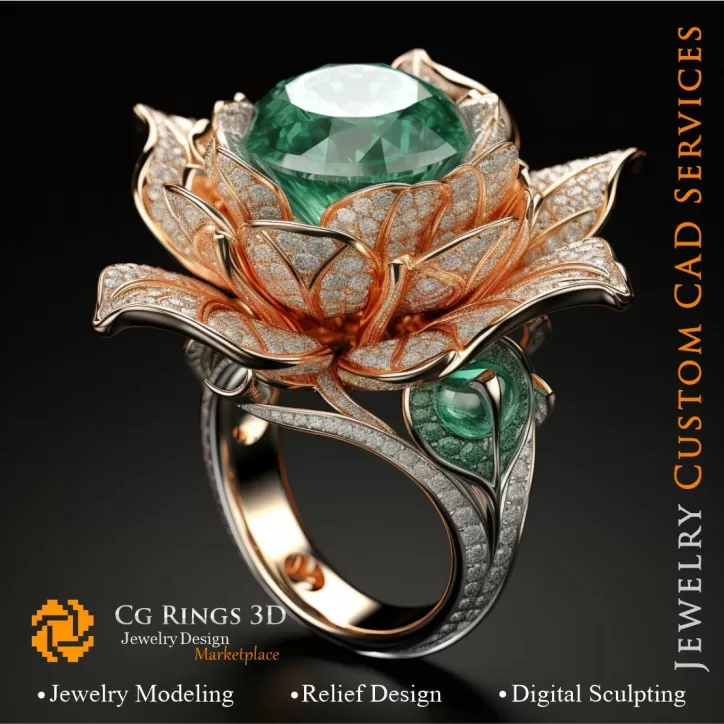 绿宝石钻石花朵戒指 - 3D CAD 珠宝 绿宝石钻石花朵戒指 - 3D CAD 珠宝
