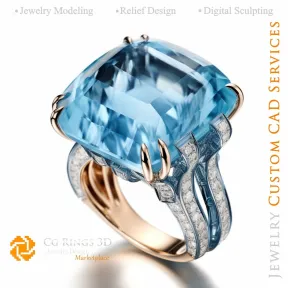 Anillo con aguamarina y diamantes - CAD 3D de joyería, IA - CAD 3D de anillos, IA - CAD 3D de joyería, IA - Joyería