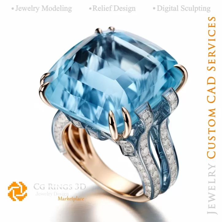 Bague avec aigue-marine et diamants - Bijoux 3D CAO
