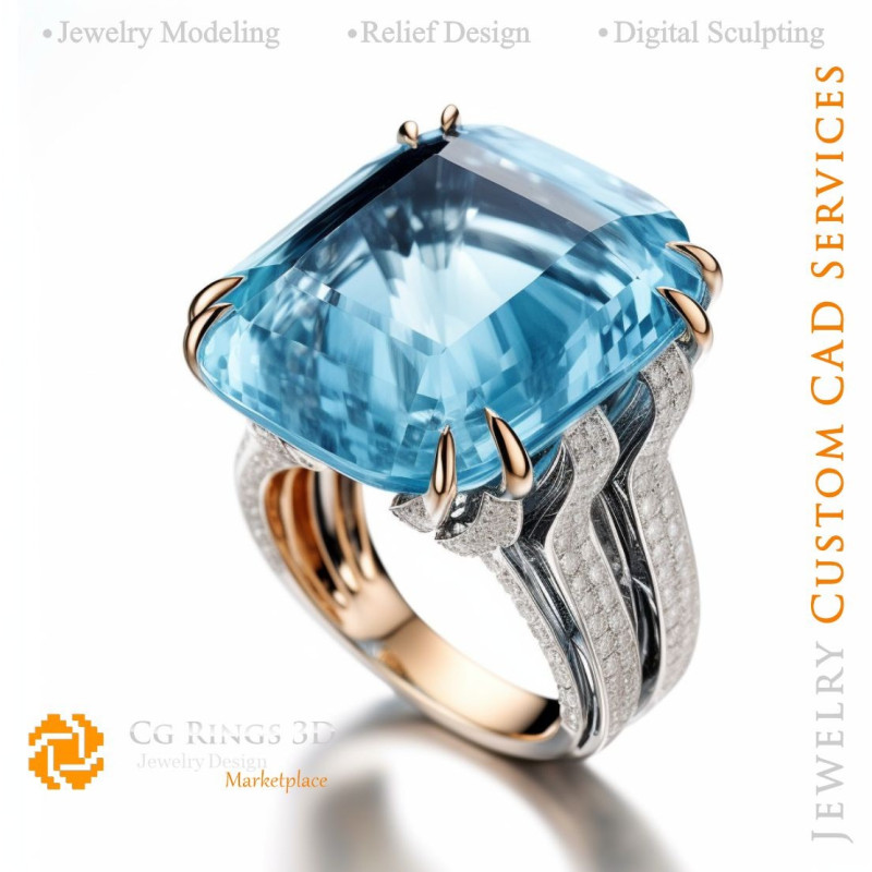 Bague avec Aigue-marine et Diamants - Bijoux 3D CAO