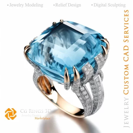 Bague avec Aigue-marine et Diamants - Bijoux 3D CAO Home, AI - Bijoux 3D CAO, AI - Anneaux 3D CAO , AI - Bijoux 3D CAO, AI - Bij