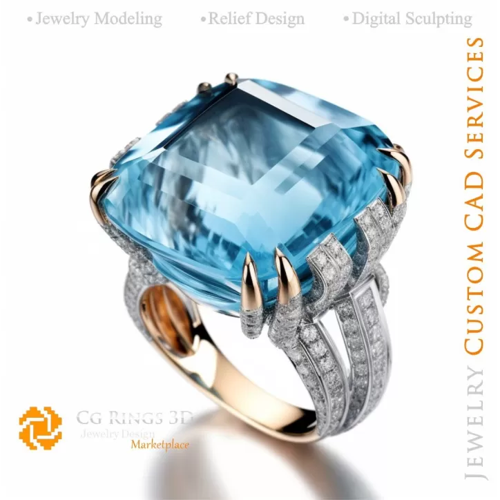 Anillo con aguamarina y diamantes - CAD 3D de joyería