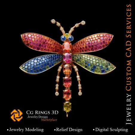 Dragonfly Pendant with Melody of Colours - 3D CAD Jewelry Home, AI - Jewelry 3D CAD , AI - Pendants 3D CAD 