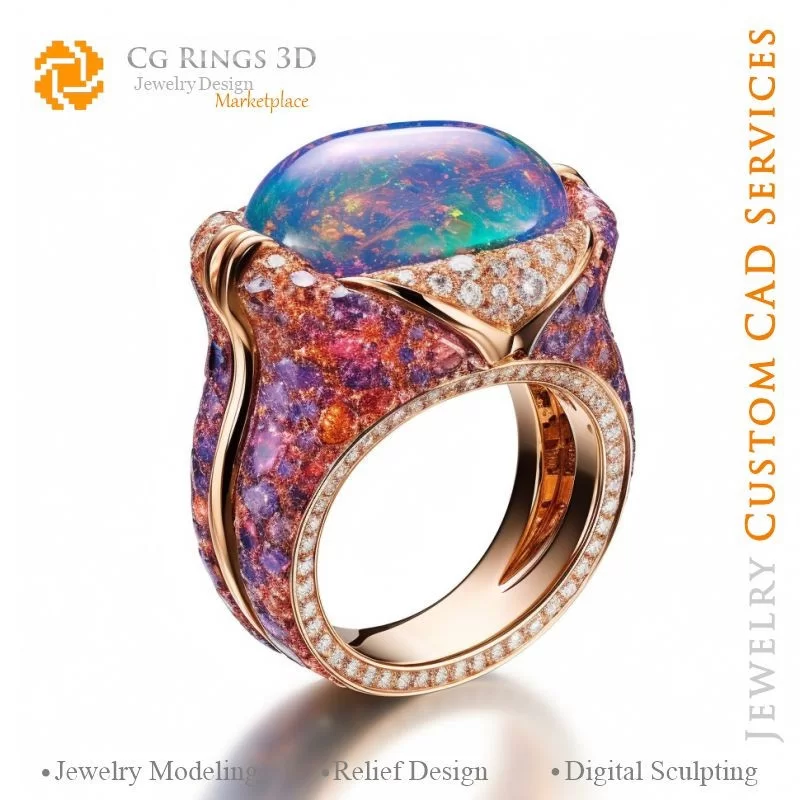 Bague avec Opale - Bijoux 3D CAO Home, AI - Bijoux 3D CAO, AI - Anneaux 3D CAO , AI - Bijoux 3D CAO Mélodie des Couleurs, AI - B