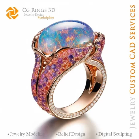 Anillo con ópalo - CAD 3D de joyería para el hogar, IA - Joyería CAD 3D, IA - Anillos CAD 3D, IA - CAD 3D Joyería Melodía de