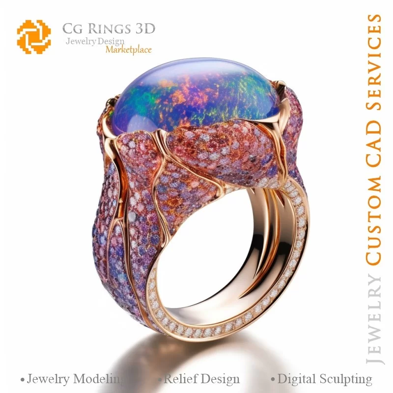 Bague avec Opale - Bijoux 3D CAO Home, AI - Bijoux 3D CAO, AI - Anneaux 3D CAO , AI - Bijoux 3D CAO Mélodie des Couleurs, AI - B