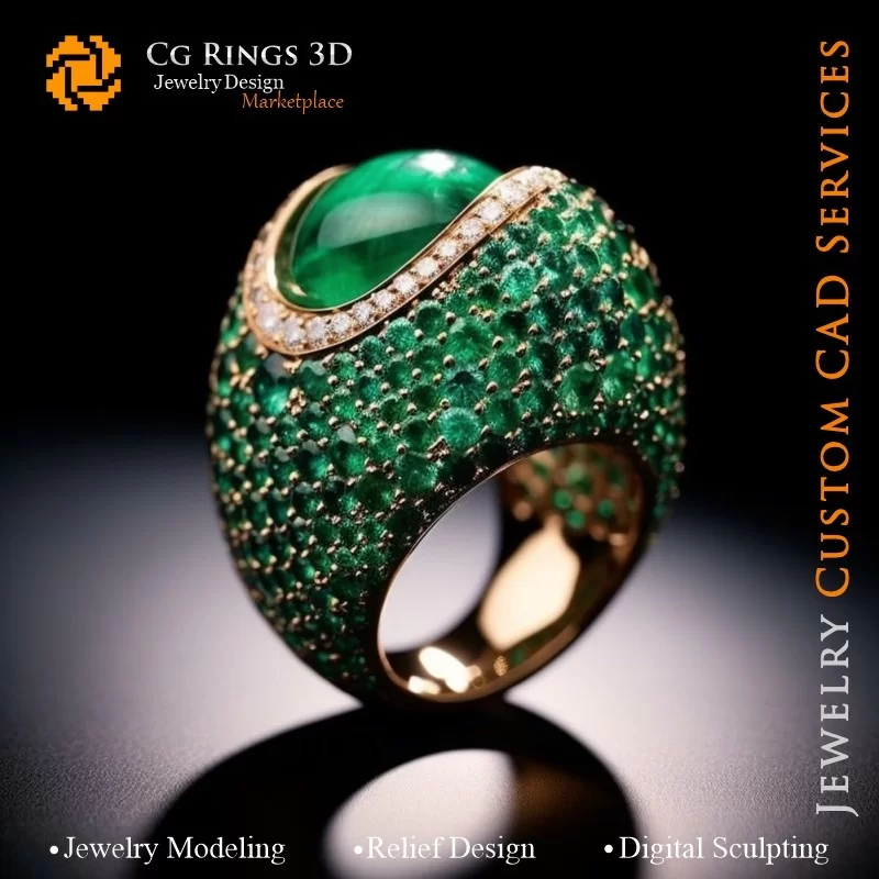 Ring with Emeralds and Diamonds - 3D CAD Jewelry Home, AI - Jewelry 3D CAD , AI - Rings 3D CAD 