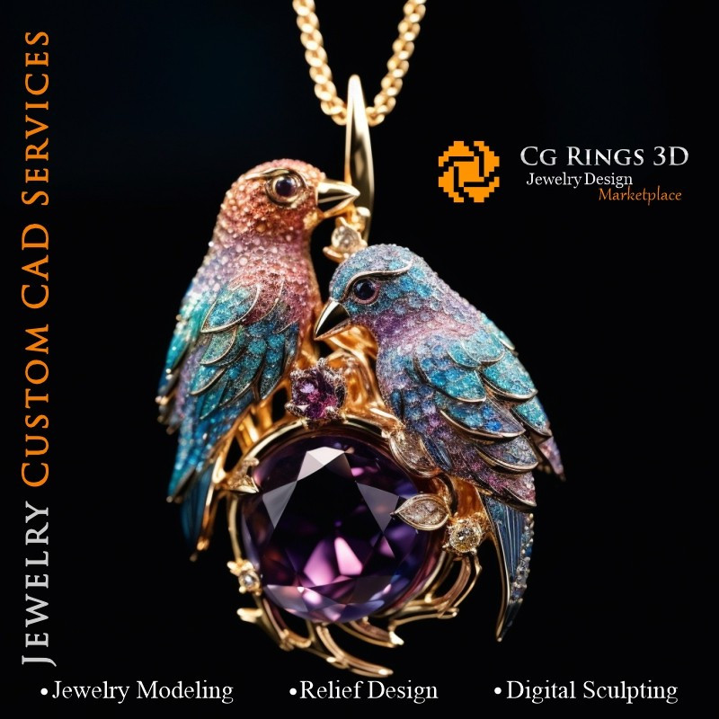 Birds Pendant with Alexandrite - Jewelry 3D CAD Home, AI - Jewelry 3D CAD , AI - Pendants 3D CAD , AI - 3D CAD Jewelry, AI - Jew