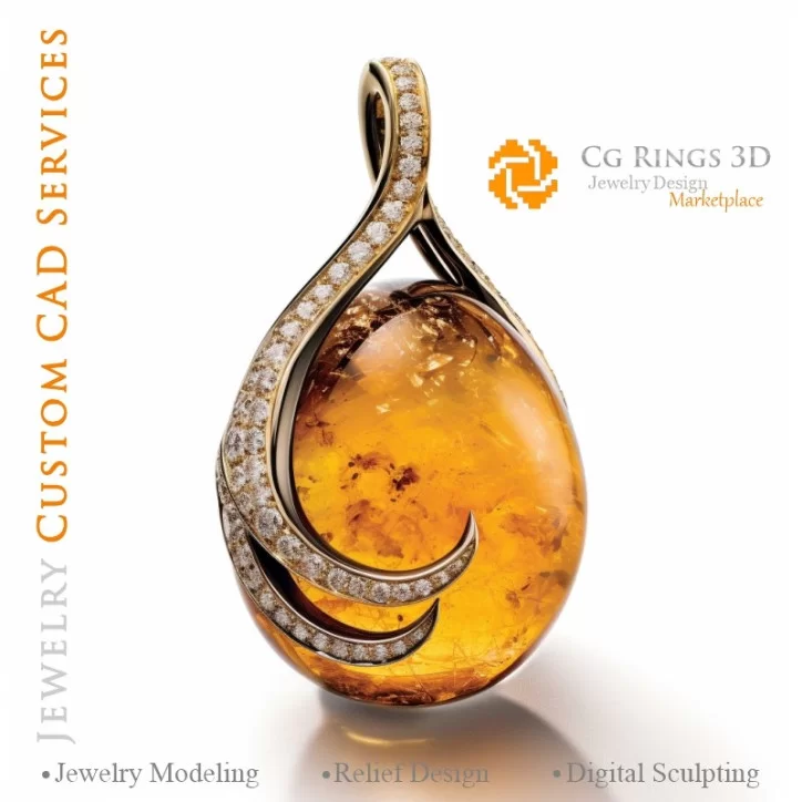 Pendant with Amber and Diamonds - 3D CAD Jewelry