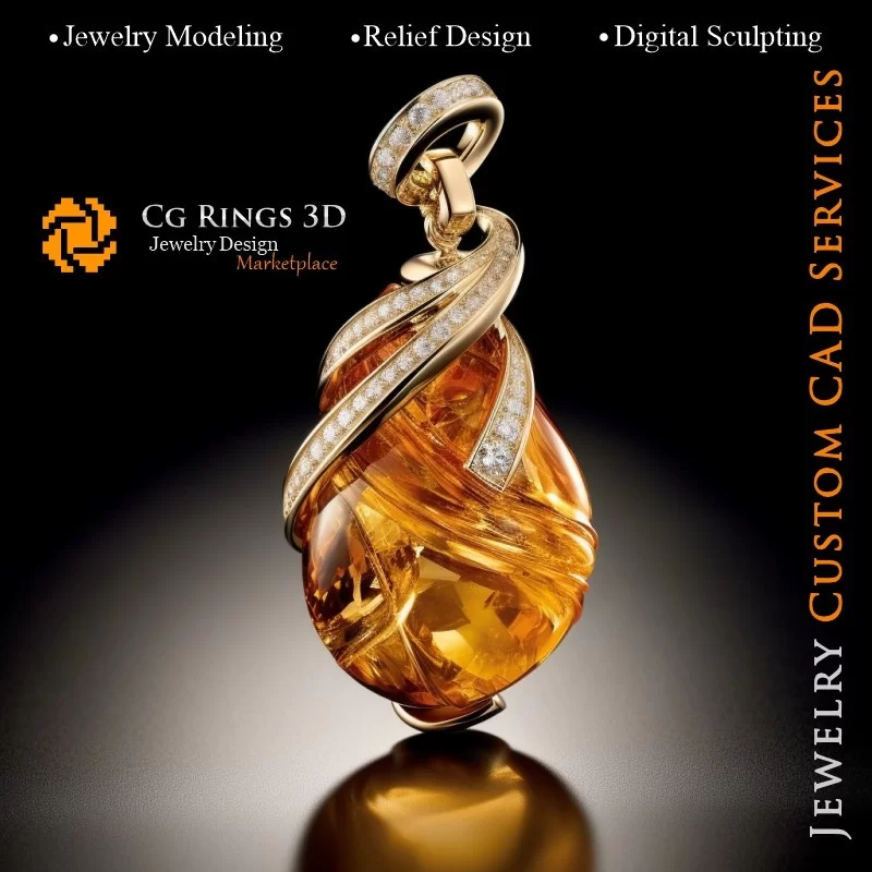 Pendant with Amber and Diamonds - 3D CAD Jewelry Home, AI - Jewelry 3D CAD , AI - Pendants 3D CAD , AI - 3D CAD Jewelry, AI - J