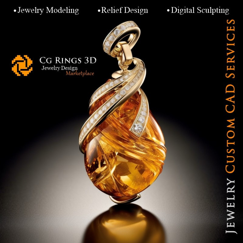 Pendentif avec Ambre et Diamants - Bijoux 3D CAO