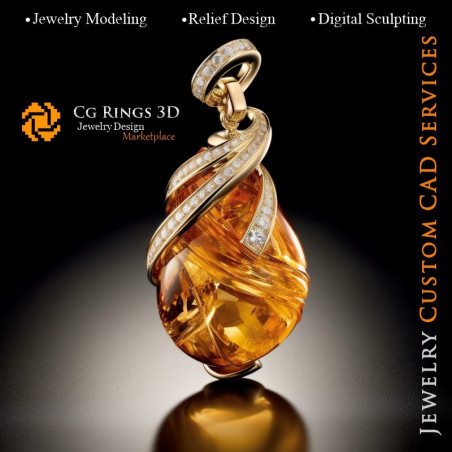 Pendant with Amber and Diamonds - 3D CAD Jewelry