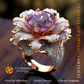 Flower Ring with Alexandrite and Diamonds - 3D CAD Jewelry Home, AI - Jewelry 3D CAD , AI - Rings 3D CAD , AI - 3D CAD Jewelry, 