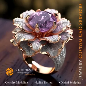 Anillo Flor con Alejandrita y Diamantes - CAD 3D Joyería, IA - CAD 3D Anillos, IA - Joyería CAD 3D, IA