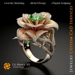 Flower Ring with Emeralds and Diamonds - 3D CAD Jewelry Home, AI - Jewelry 3D CAD , AI - Rings 3D CAD , AI - 3D CAD Jewelry Melo