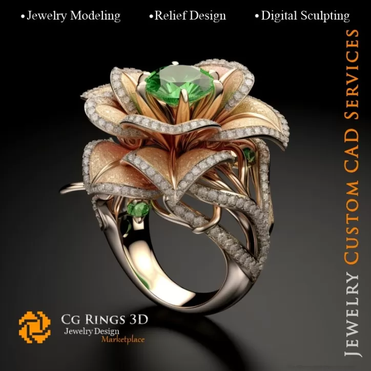 Bague Fleur avec Émeraudes et Diamants - 3D CAO Bijoux