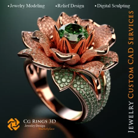 Bague Fleur avec émeraudes et diamants - Bijoux 3D CAO Home, AI - Bijoux 3D CAO, AI - Anneaux 3D CAO , AI - Bijoux 3D CAO Mélodi