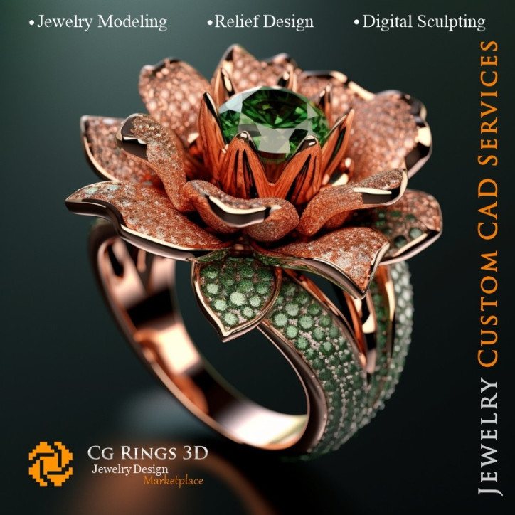 Flower Ring with Emeralds and Diamonds - 3D CAD Jewelry