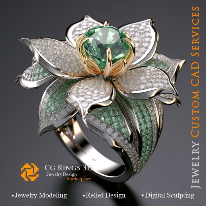 Flower Ring with Emeralds and Diamonds - 3D CAD Jewelry