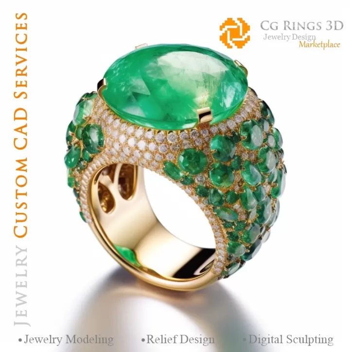Bague avec émeraudes et diamants - 3D CAO Bijoux