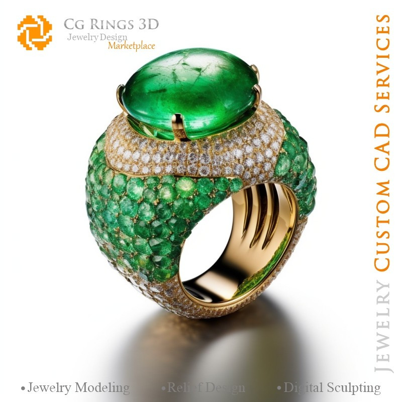 Bague avec Émeraudes et Diamants - Bijoux 3D CAO Home, AI - Bijoux 3D CAO, AI - Anneaux 3D CAO , AI - Bijoux 3D CAO Mélodie des 