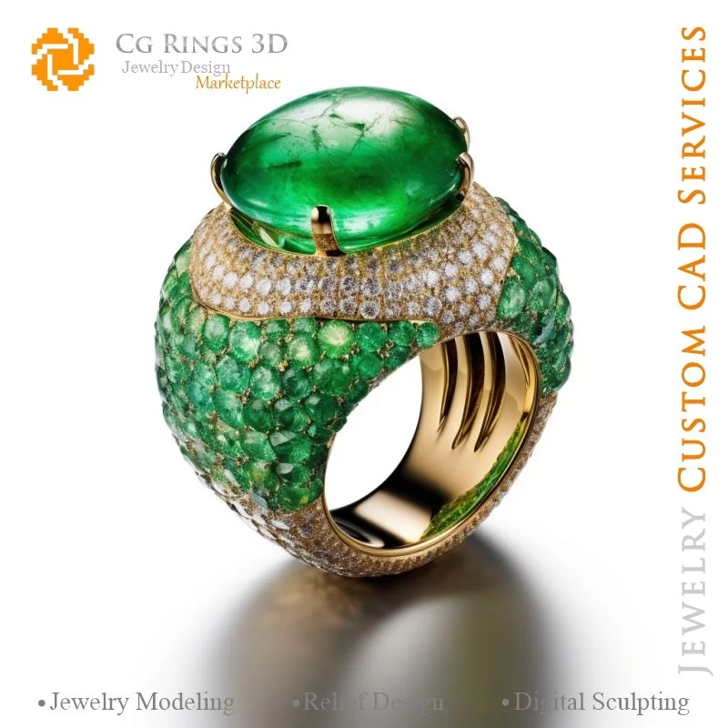 Ring with Emeralds and Diamonds - 3D CAD Jewelry Home, AI - Jewelry 3D CAD , AI - Rings 3D CAD , AI - 3D CAD Jewelry Melody of C