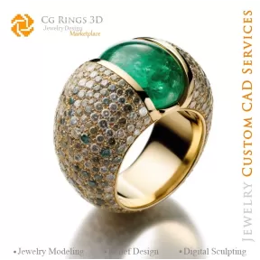 Bague Fleur avec Émeraude et Diamants - DAO 3D Bijoux Maison, IA - DAO 3D Bijoux, IA - Bagues DAO 3D, IA - DAO 3D Bijoux Melod