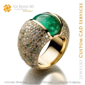 Flower Ring with Emerald and Diamonds - 3D CAD Jewelry Home, AI - Jewelry 3D CAD , AI - Rings 3D CAD , AI - 3D CAD Jewelry Melod