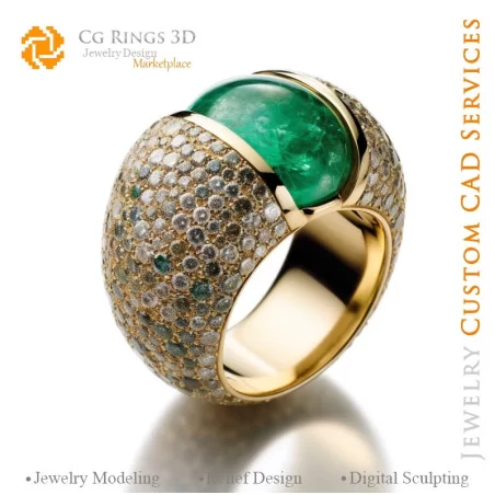 Flower Ring with Emerald and Diamonds - 3D CAD Jewelry Home, AI - Jewelry 3D CAD , AI - Rings 3D CAD , AI - 3D CAD Jewelry Melod