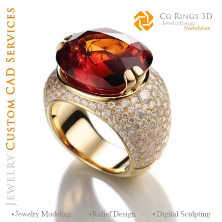 Ring with Garnet and Diamonds - 3D CAD Jewelry