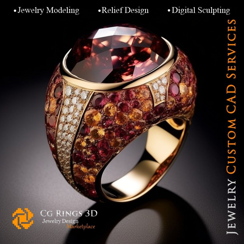 Ring with Garnets and Diamonds - 3D CAD Jewelry