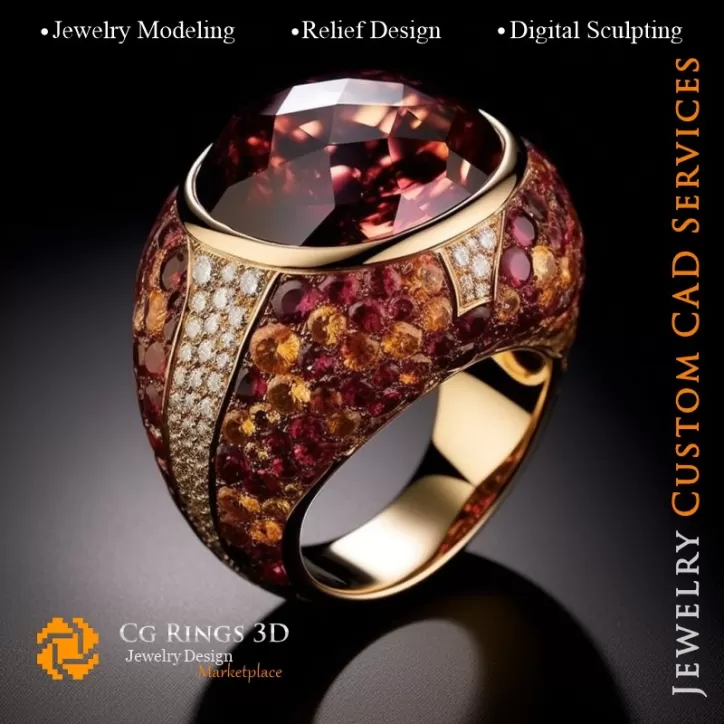 Ring mit Granatsteinen und Diamanten - 3D-CAD-Schmuck