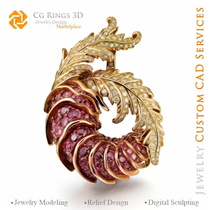 Ciondolo a forma di felce con granati e diamanti - Jewelry 3D CAD