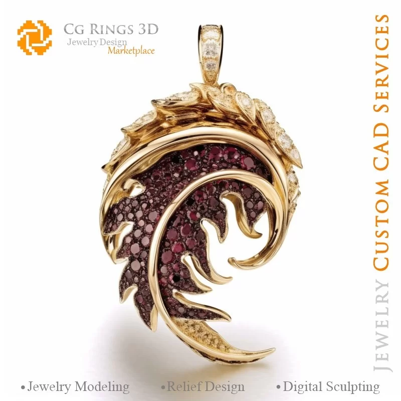 Fern Pendant with Garnets and Diamonts - Jewelry 3D CAD Home, AI - Jewelry 3D CAD , AI - Pendants 3D CAD , AI - 3D CAD Jewelry M