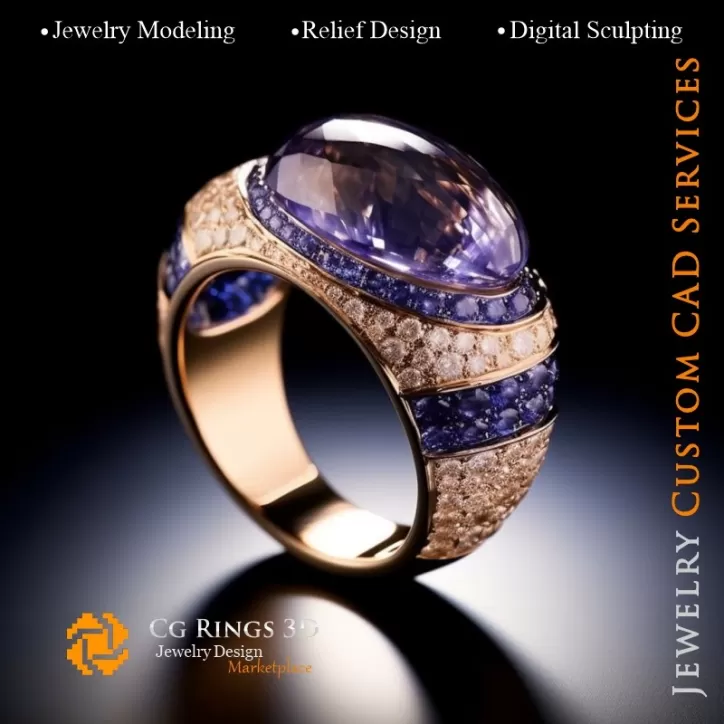 Ring mit Ioliten und Diamanten - 3D CAD Schmuck