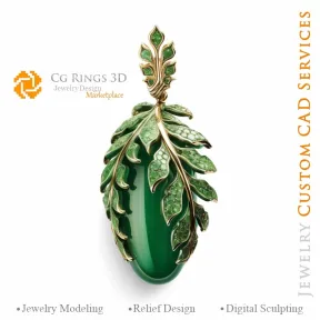 Fern Pendant with Jade and Diamonts - Jewelry 3D CAD Home, AI - Jewelry 3D CAD , AI - Pendants 3D CAD , AI - 3D CAD Jewelry Melo