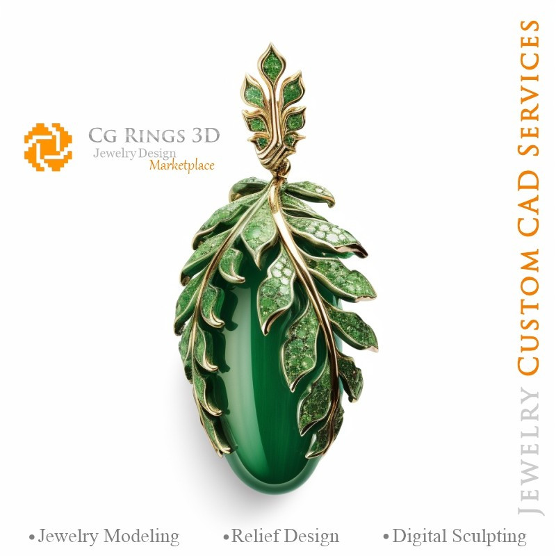 Fern Pendant with Jade and Diamonts - Jewelry 3D CAD