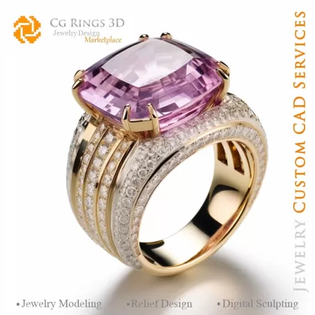 Bague avec kunzites et diamants - CAO 3D Bijoux Maison, IA - Bijoux CAO 3D, IA - Bagues CAO 3D, IA - CAO 3D Bijoux Mélodie de C