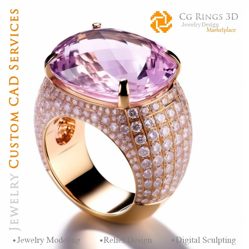 Bague avec Kunzites et Diamants - Bijoux CAO 3D
